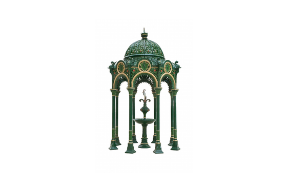 Drinking fountain with intricate details cast in green and gold colours.